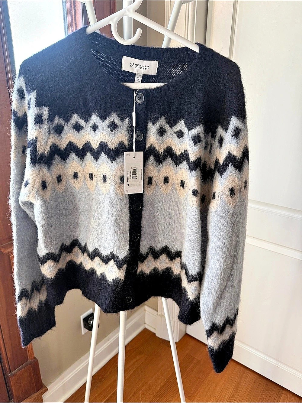 Derek Lam 10 Crosby Elani Fair Isle Cardigan Black & White Medium